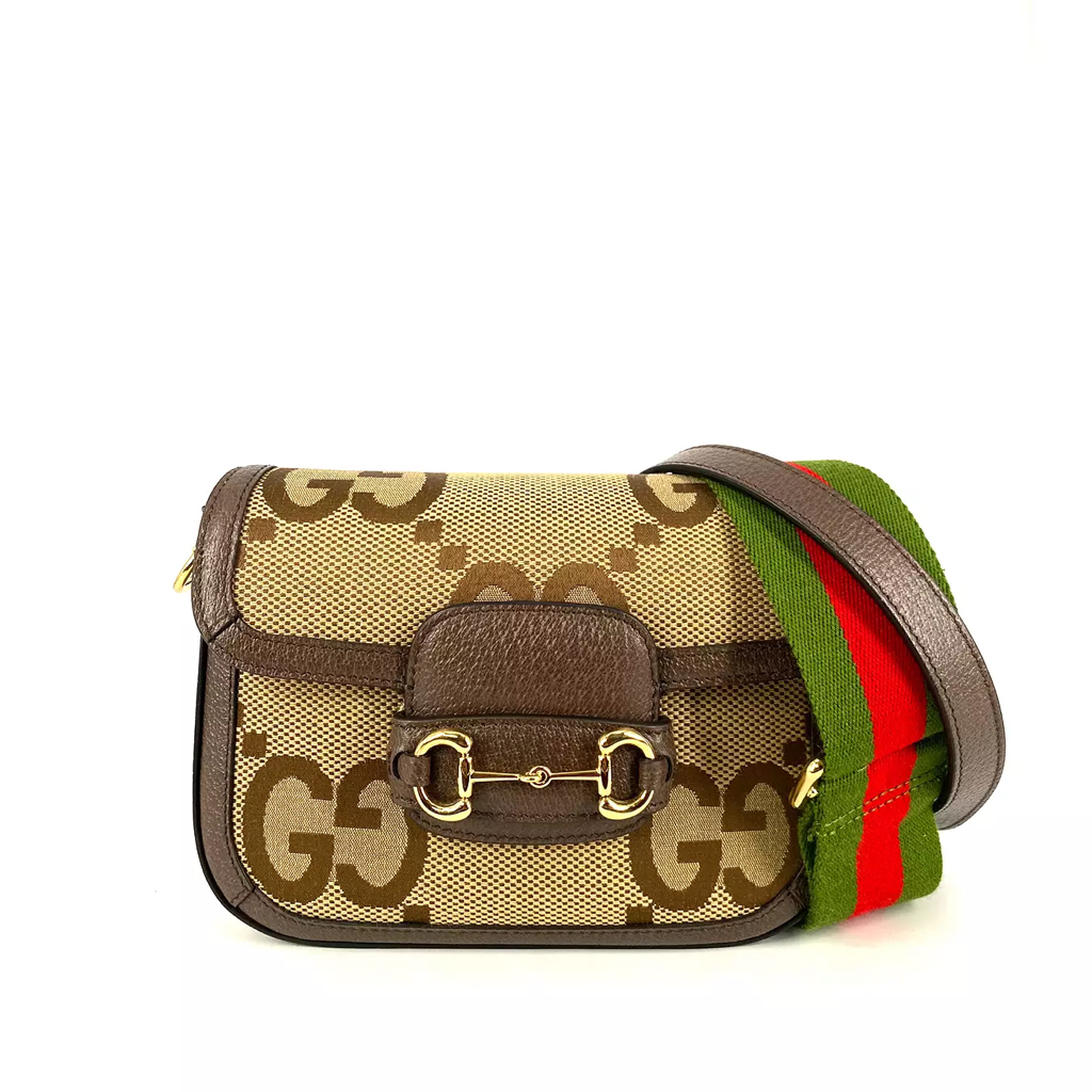 Tas Gucci Wanita Horsebit Flap 1955 Jumbo Logo GG Mini Crossbody Bag Camel/Ebony