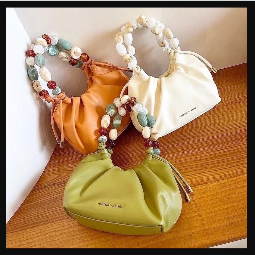 Greentolshop  Tas Aviary Beaded Acrylic Handle Slouchy Bag Selempang Shoulder Sling Bahu Wanita