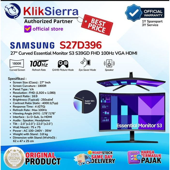 SAMSUNG S27D396 | LS27D396 | LS27D396GA - Curved Monitor LED 27" ESSENTIAL S39GD(Pengganti C27R500)