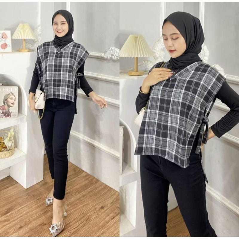 vest flanel tali samping wanita Korean style rompi kotak premium