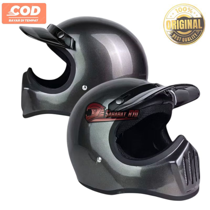 HELM MOTOR RETRO PRIA WANITA FULL FACE CAKIL HITAM GLOSS SNI