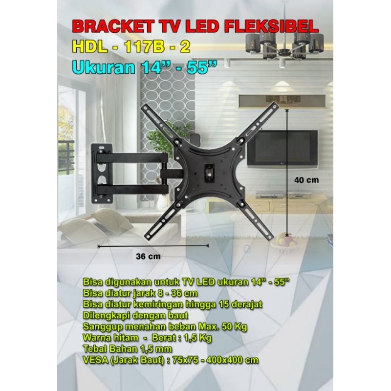 Home design HDL 117B BRACKET TV TEMPEL TEMBOK DINDING LCD LED TV 14 - 42 INCH MAX 35KG BREKET TV BRA