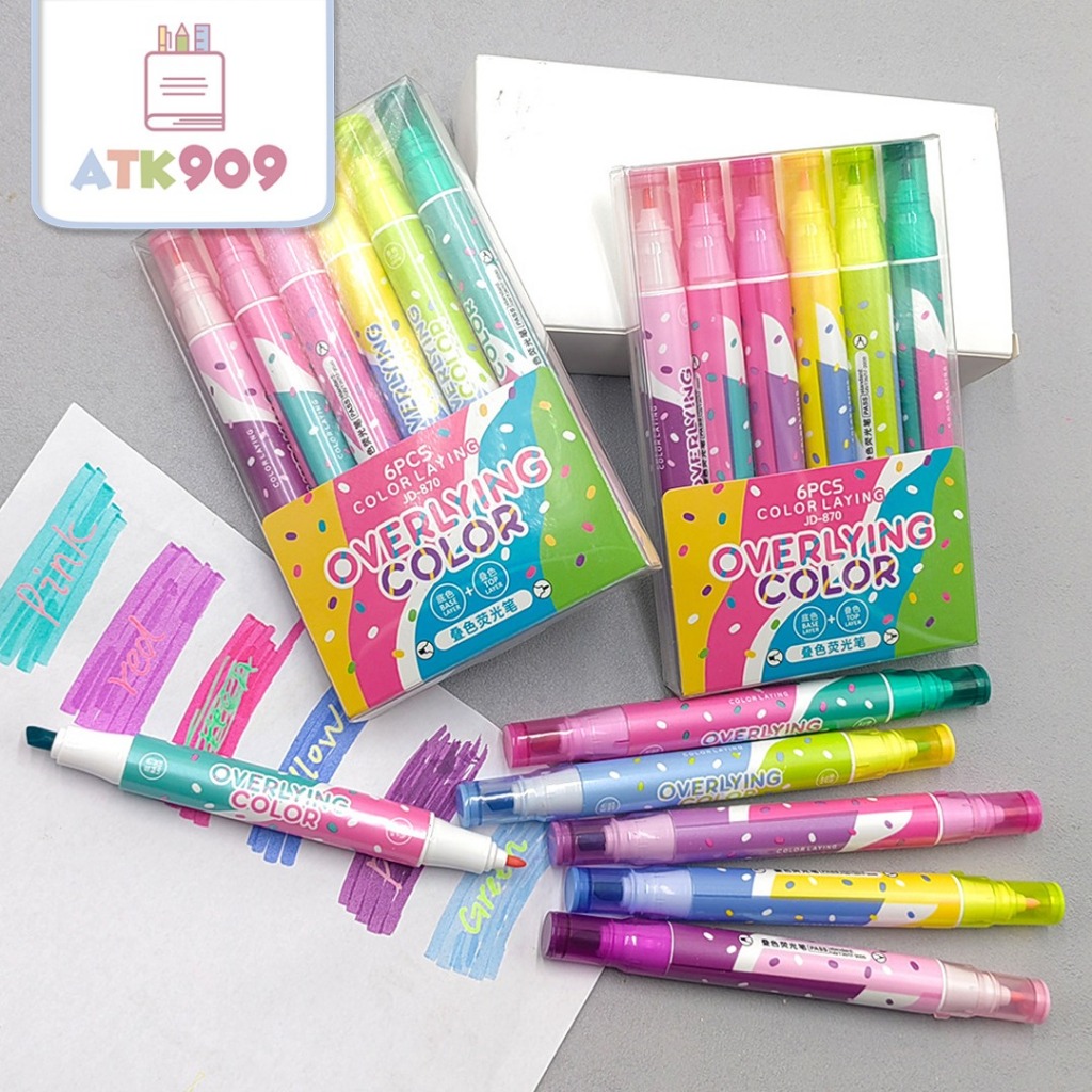 

ATK909 1 Set Double Highlighter Isi 6pcs Stabillo 2 Mata Penanda Teks Spidol Pen Marker 2 Sisi Erasable