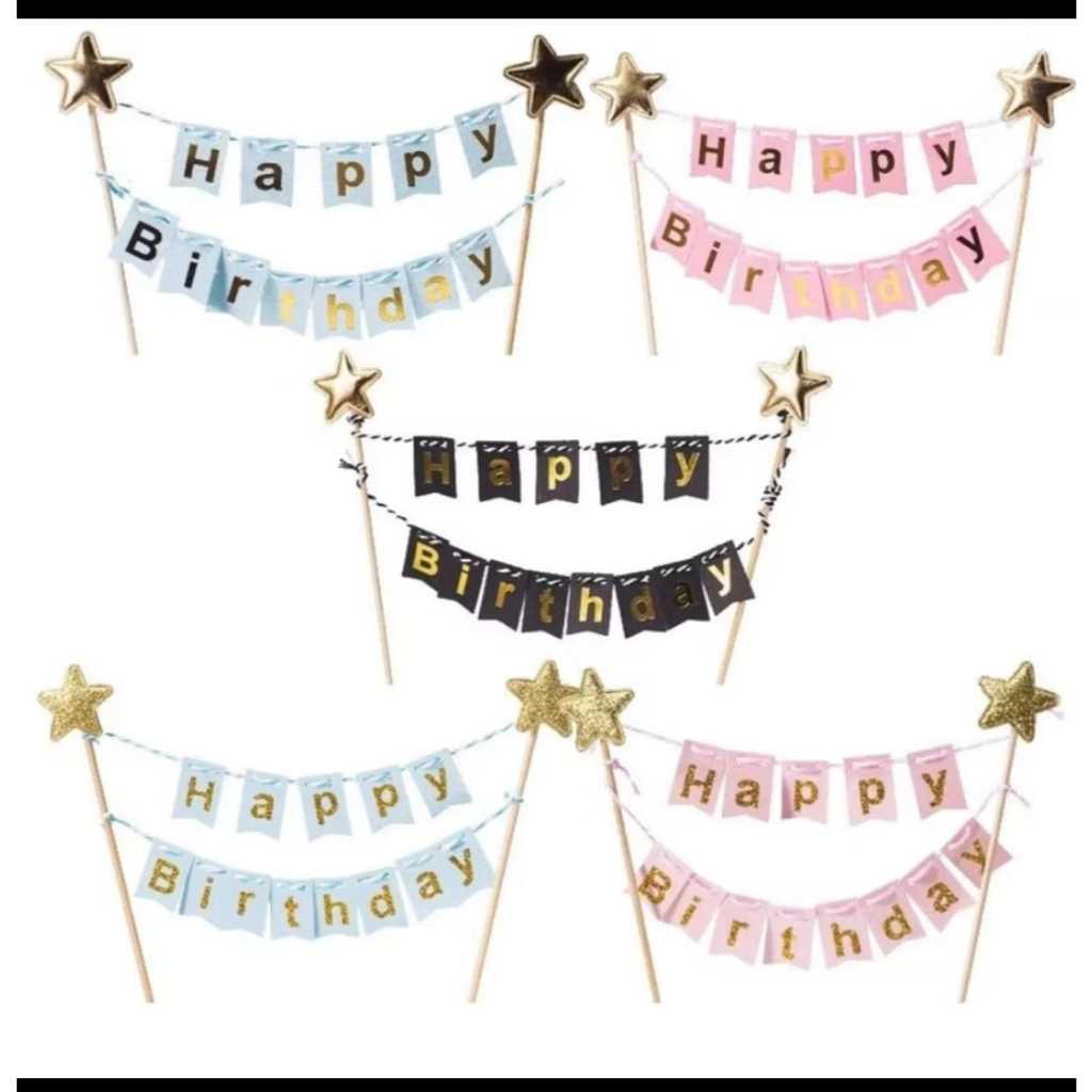 Cake Topper Banner Happy Birthday, Topper Happy Birthday Kertas Gantung, Hiasan Kue Happy Birthday