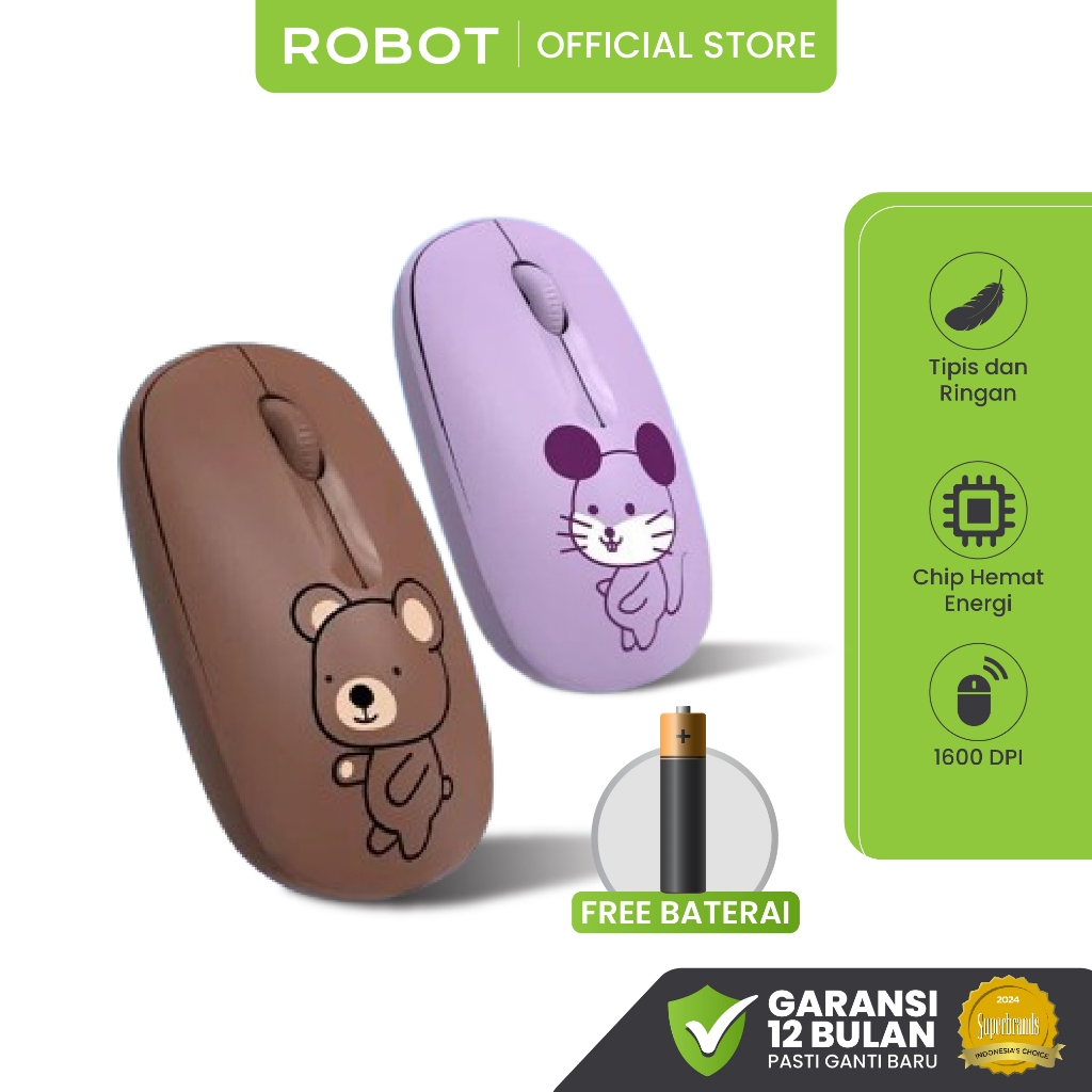 ROBOT Mouse Laptop Tanpa Kabel Mouse M260 Mini Bear Karakter Hewan Lucu Nano Receiver 2.4G Wireless 