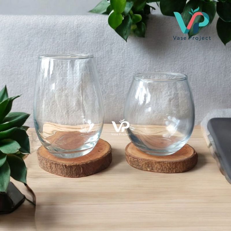 Paket Vas Bunga Kaca Bulat Dan Tatakan Kayu Rustic | Terarium Kaca | Vas Kaca Estetik | Vasquarium |