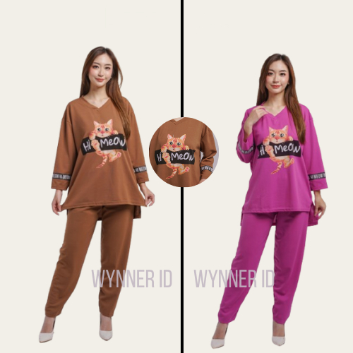 WYNNER Setelan Wanita Muslim Hijab One set Jumbo Bahan Crepe Motif MEOW