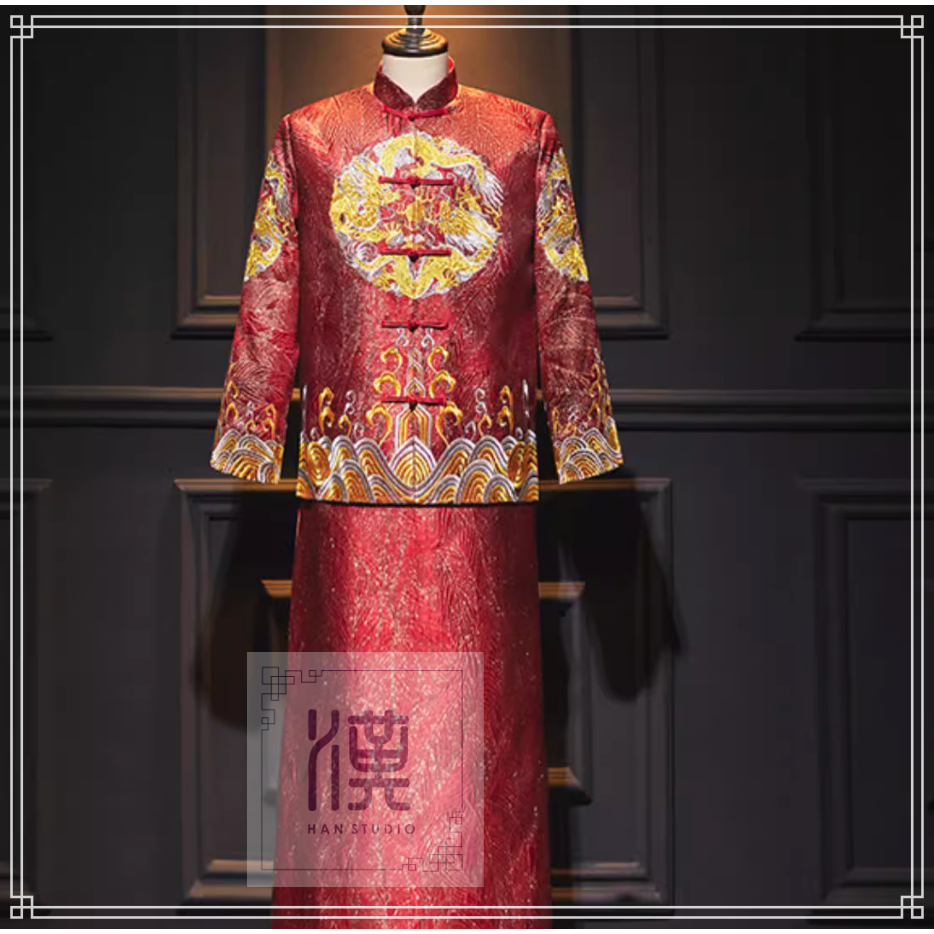 CHEONG SAM PRIA CHINESE BAJU SANGJIT MERAH RED GOLD DRAGON SET XINCIA CHEONGSAM HS250205