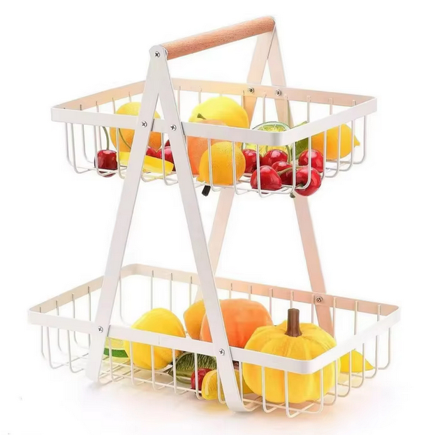 Keranjang Rak Dapur Rak Buah Besi Rak Dapur Besi Kayu Serbaguna Dapur Rak 2 Tingkat Dapur