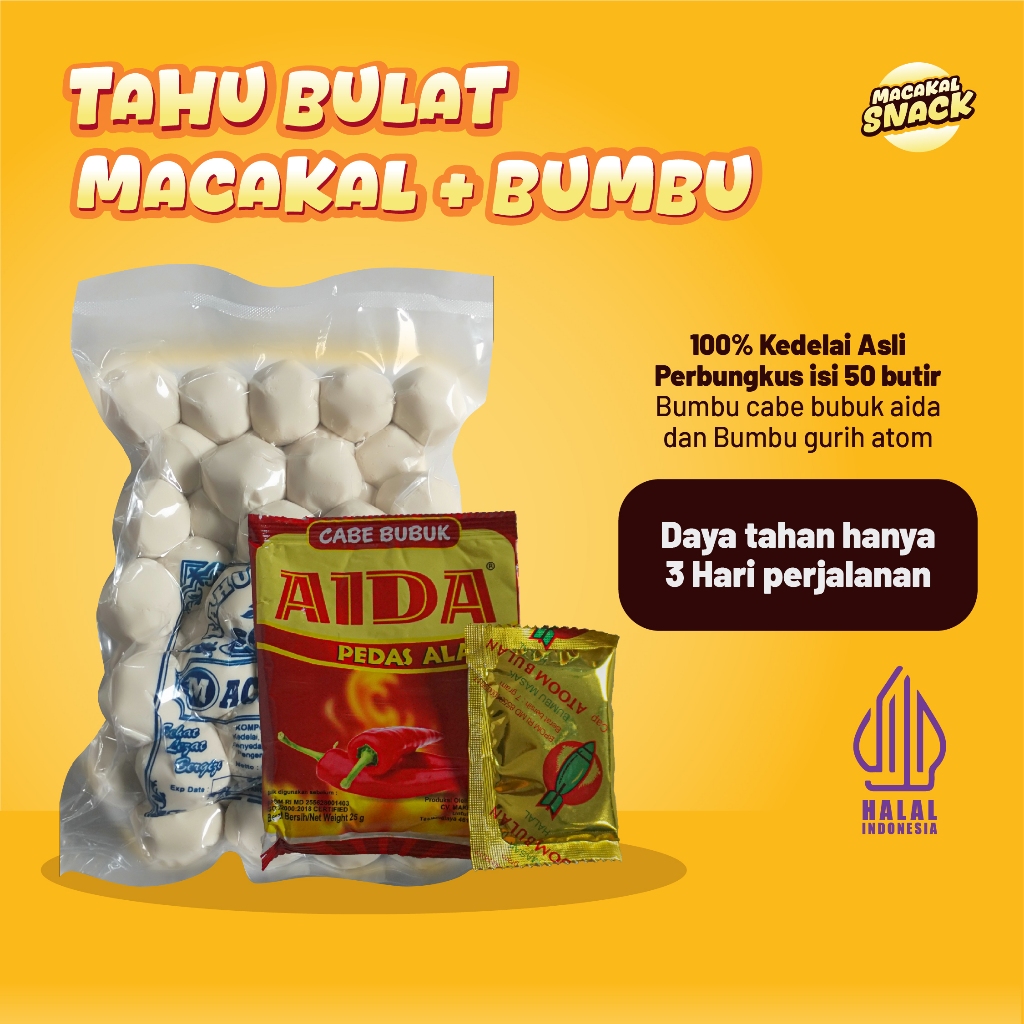 

Macakal-Paket Tahu Bulat isi 50 butir + bumbu tabur Gurih atom dan pedas AIDA