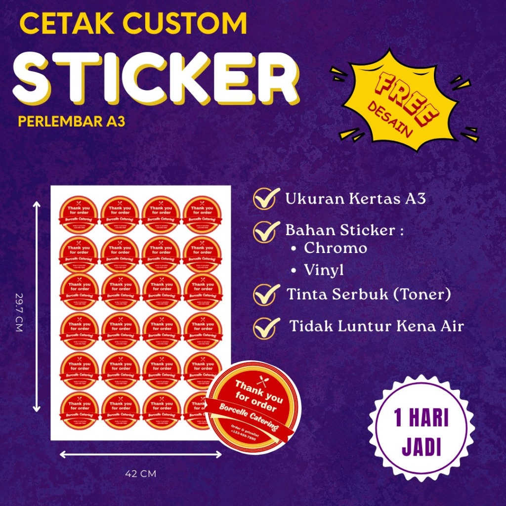 

CETAK STIKER A3 / STIKER LABEL CUSTOM (CHROMO & VINYL) PRINT SAJA TANPA CUTTING