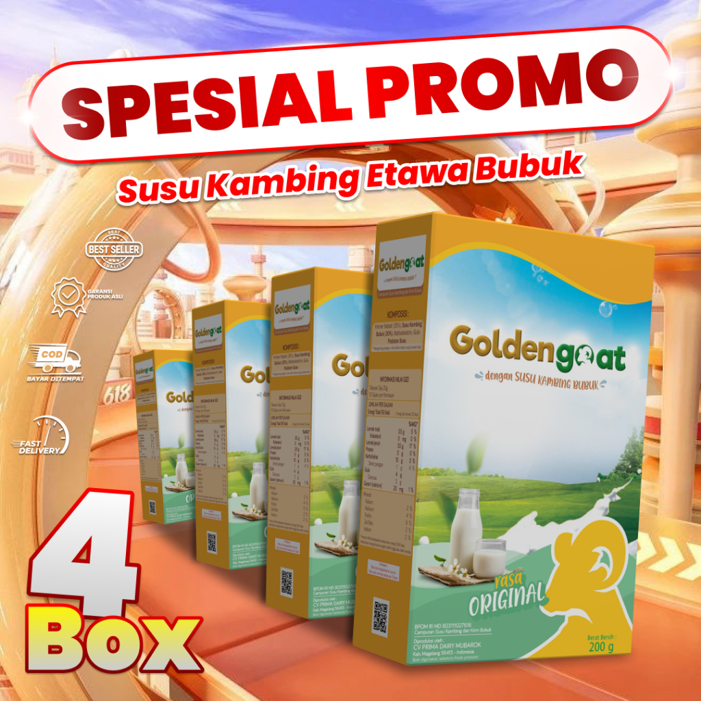 

4 Box GoldenGoat Susu Kambing Etawa Original 200gr – Tinggi Kalsium, Rendah Kolesterol, Rasa Enak