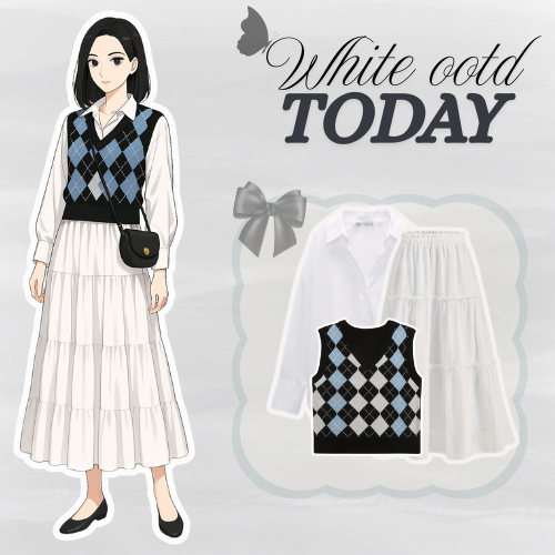 Ootd Outfit kekinian|Korean style set fashion wanita|Kemeja+Vest+Rok Susun Putih