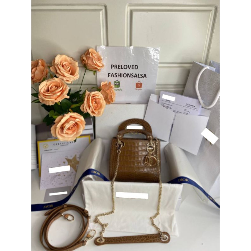 Preloved Small Lady Dior Bag Crocodile Brown Embosed Satchel