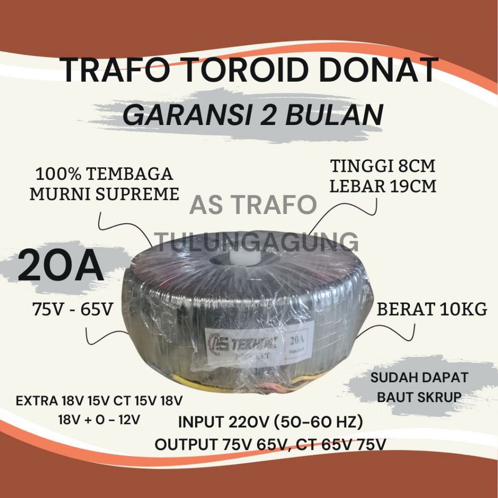 trafo toroid donat 20a ct 75v 65v murni