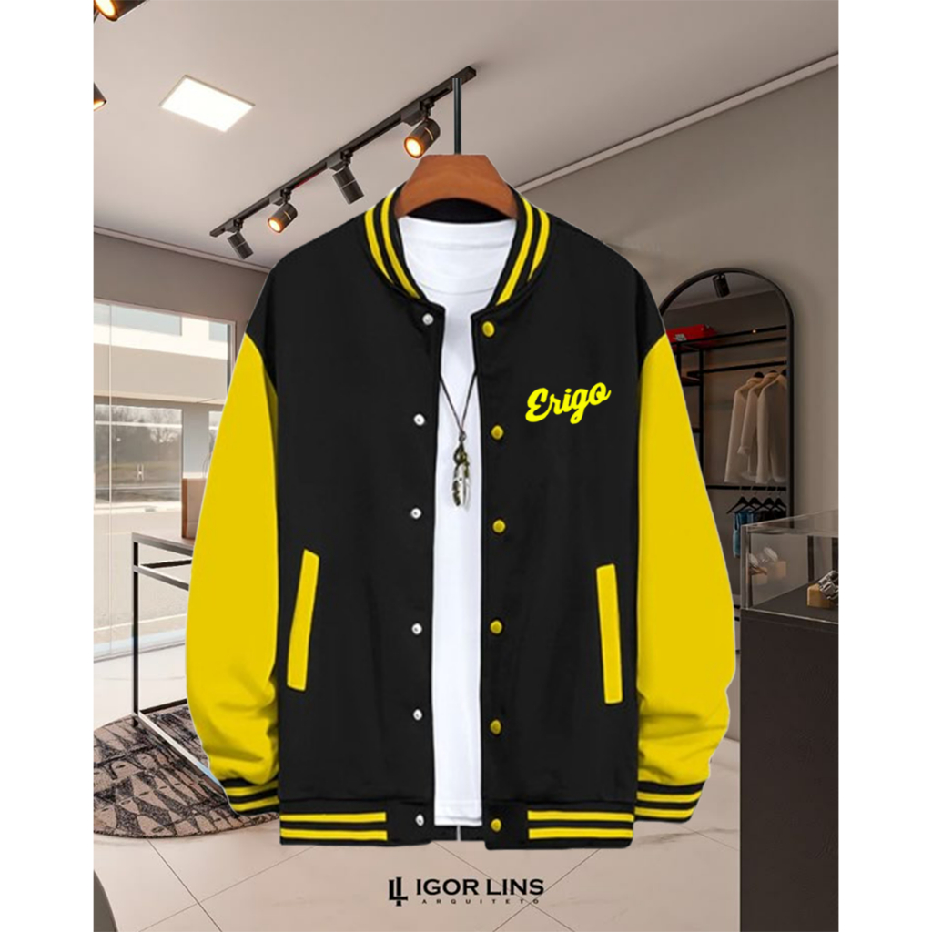 [ COD ] Jaket Baseball Varsity kancing  Logo Erigo Text Kuning Jaket Varsity Kancing Premium Pria Wa