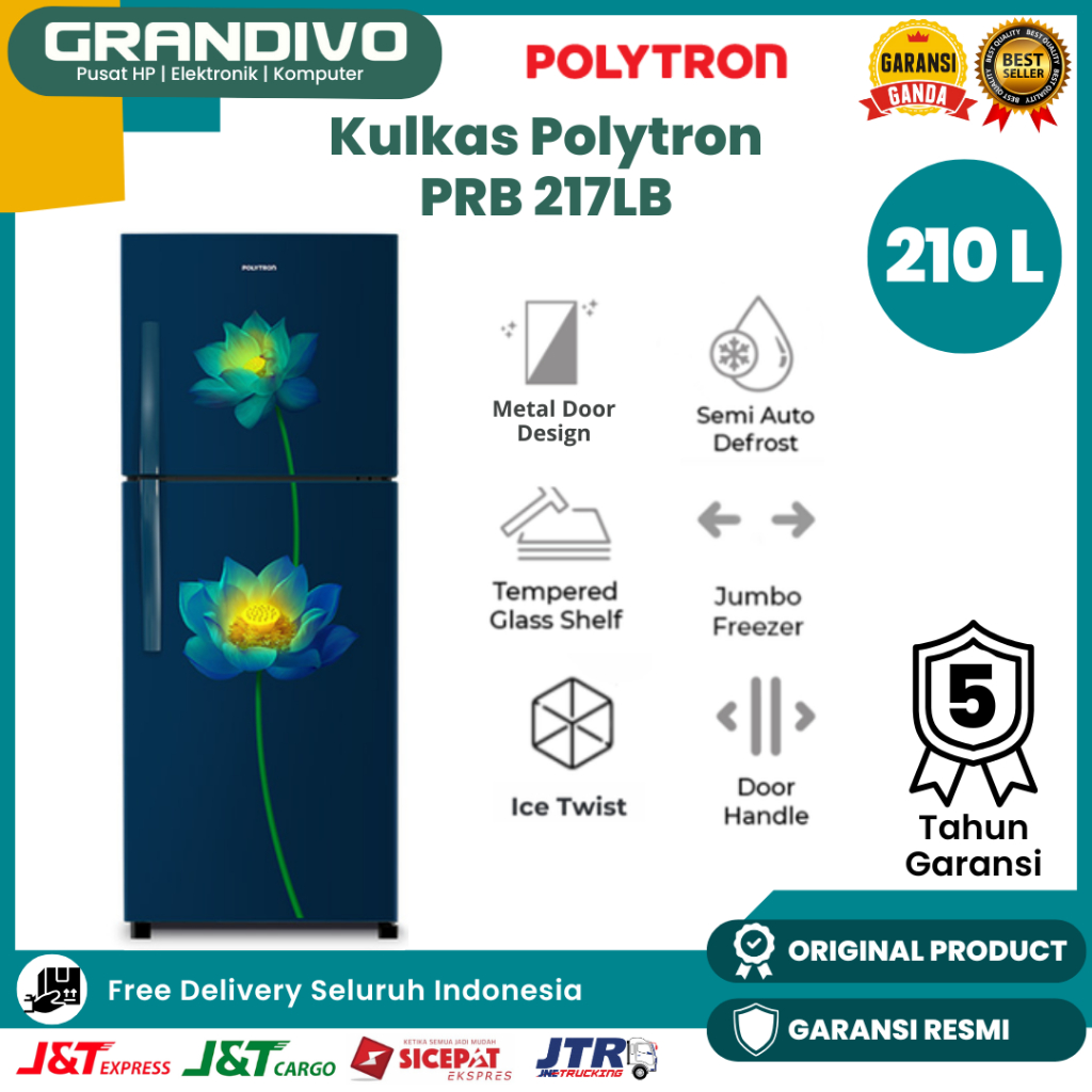 Kulkas 2 Pintu Polytron 210 Liter PRB 217LB Metal Door Low Watt Tanpa Bunga Es Fast Cooling Jumbo Fr