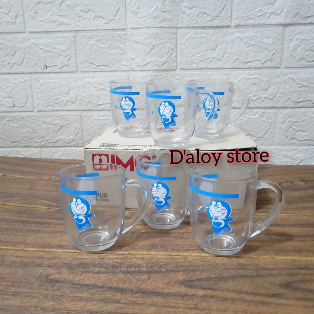 GELAS KOPI GAGANG MOTIF DORAEMON ISI 6 PCS/12pcs Gelas Kopi Gagang Bahan Beling