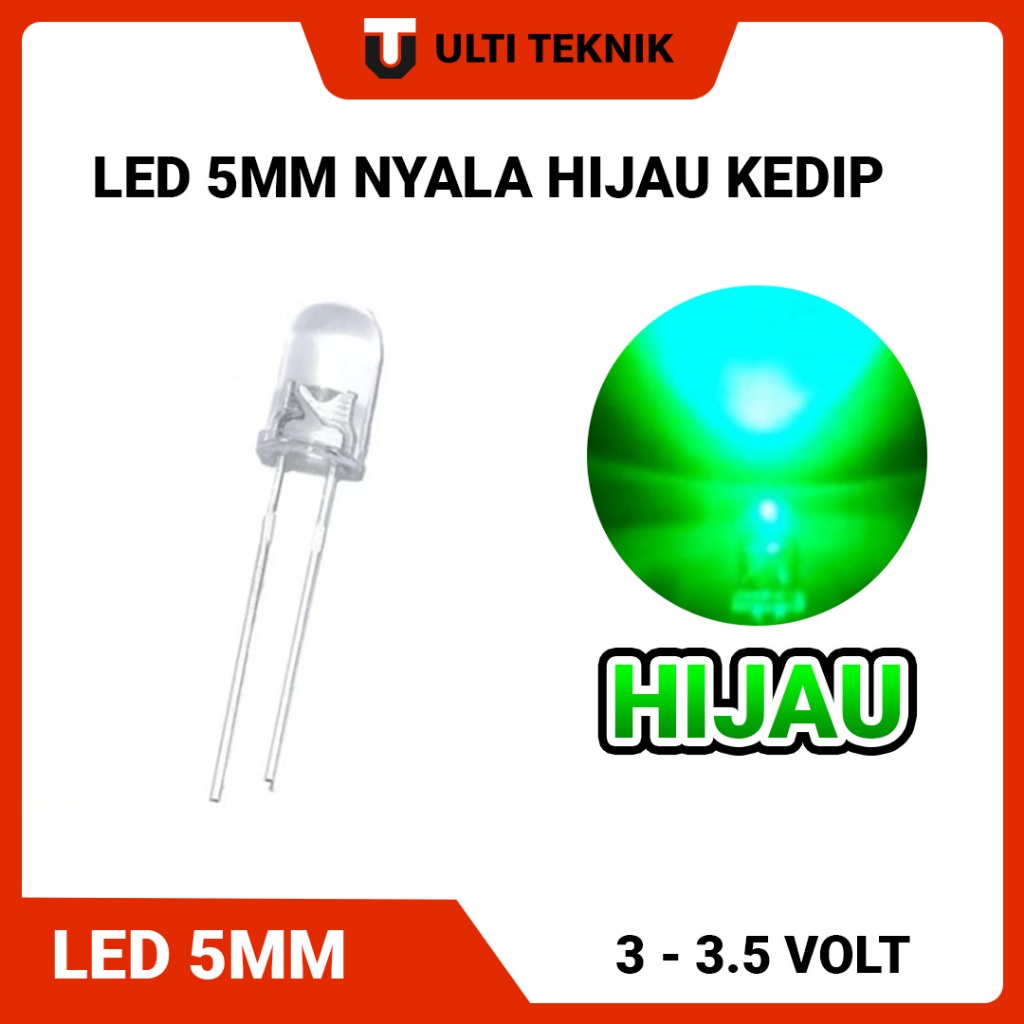 Lampu Led 5mm Nyala Kedip Hijau - 1 Warna