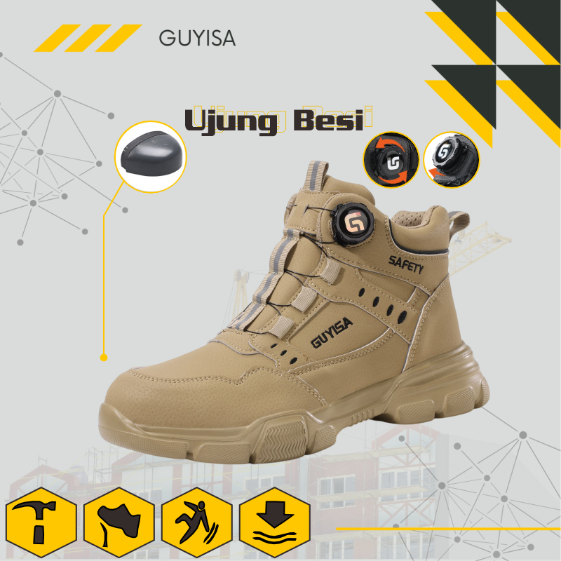 Guyisa Sepatu Sneakers Safety Sport Boots Brown Tactical Unisex Anti Puncture Steel Toe Mesh Microfi