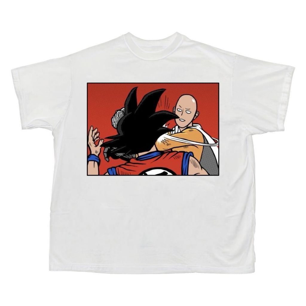 Mad Be Happy "Goku VS Saitama" Oversized T-Shirt | White | Kaos Oversize | Vintage | Atasan