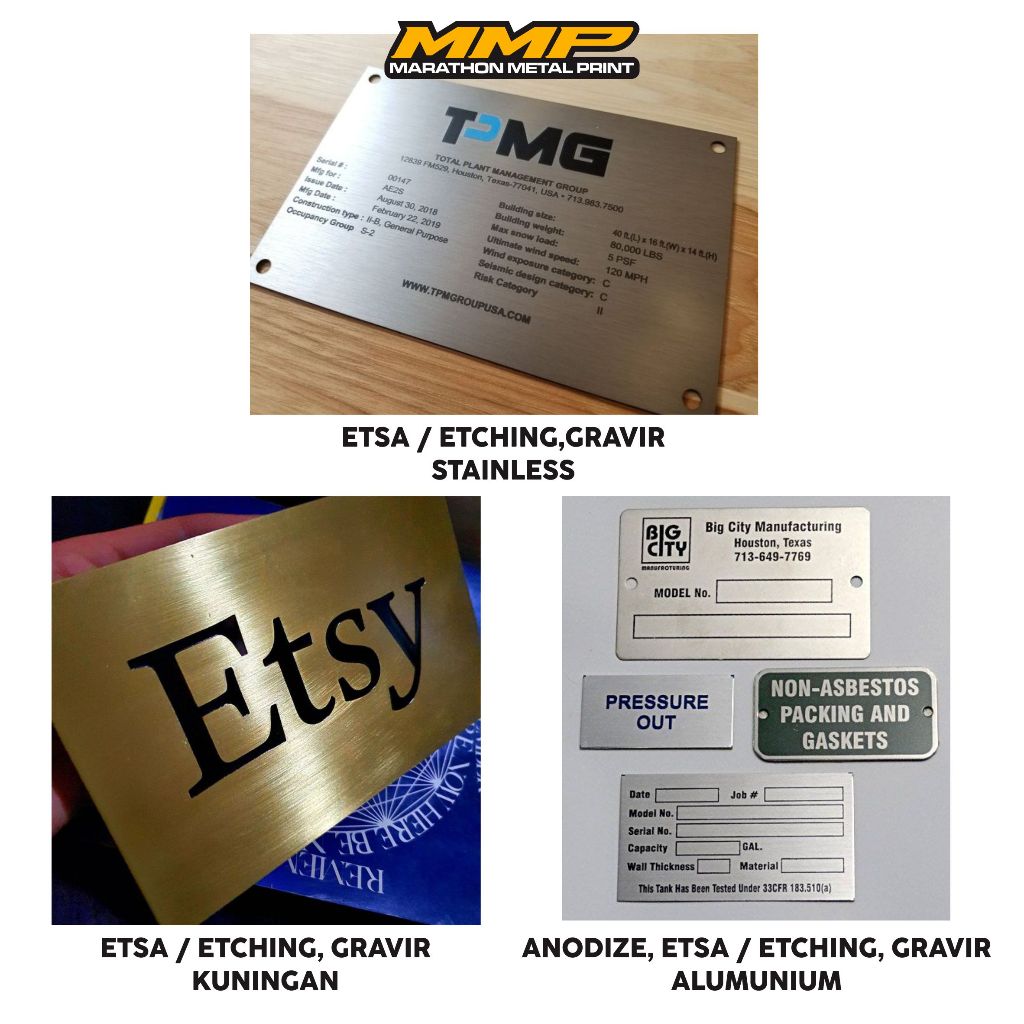 

Name Plate Panel Custom Anodize Alumunium Etsa / Etching, Gravir Stainless Steel dan Kuningan