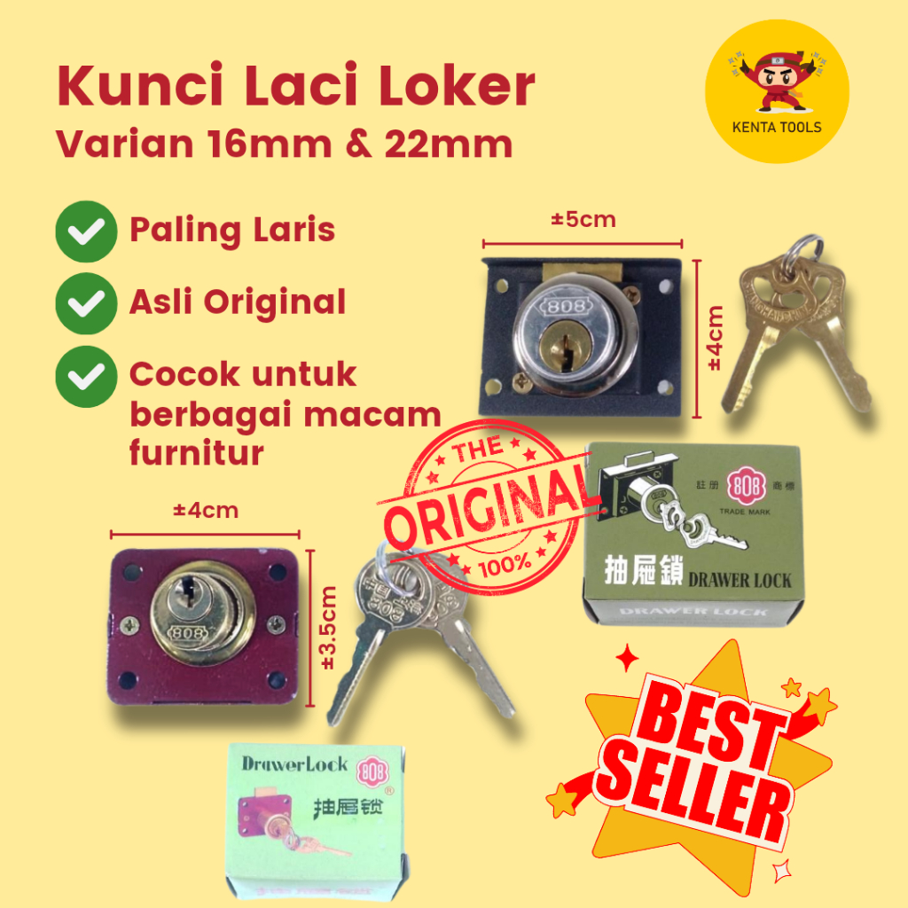 Kunci Laci Lemari Loker 808 Asli Besar Kecil / Kunci Laci Furnitur 22 MM 16 MM