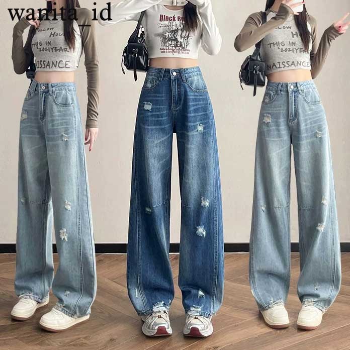 Celana Sobek Jeans Wanita Celana Kulot Jeans Celana Celana Pinggang Tinggi OOTD