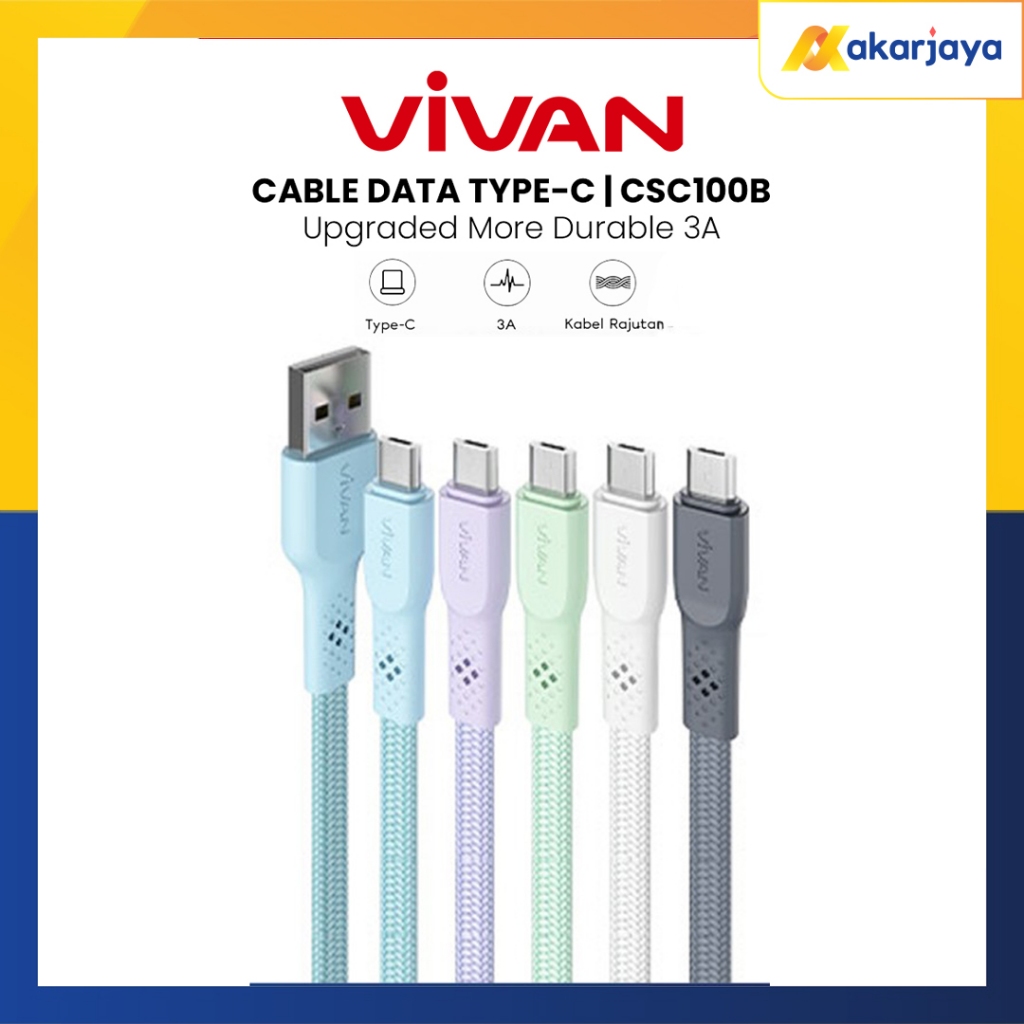 Vivan CSC100B Kabel Data USB Type C Cable Data Braided Upgraded More Durable 3A 100CM