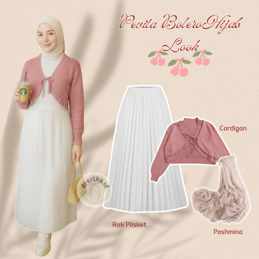 Inspirasi OOTD Hijab: Cardigan Dusty Pink, Pashmina Cream & Rok Plisket Putih – Look Anggun & Fresh 