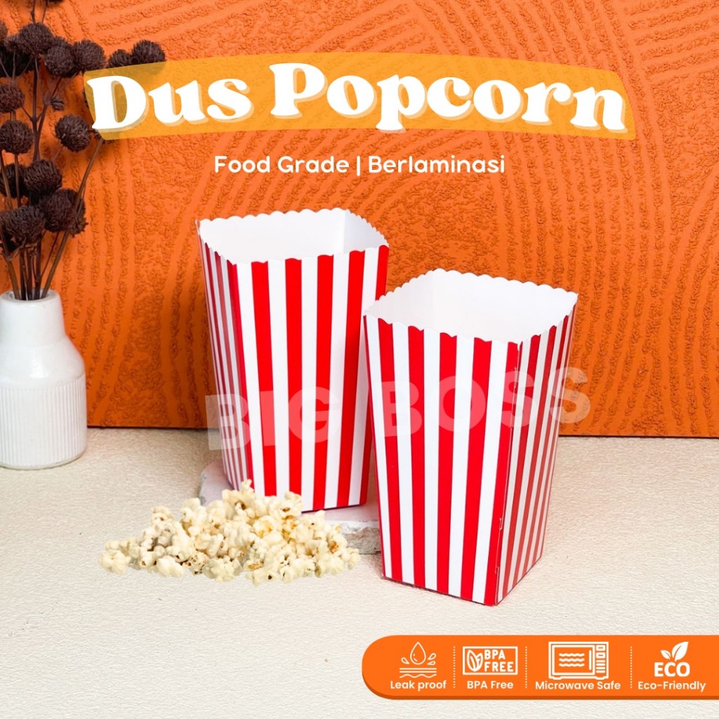 Box Dus Popcorn Ivory Motif Garis Merah Putih Laminasi Food Grade / Kotak Snack Tray / Box Pop Corn 