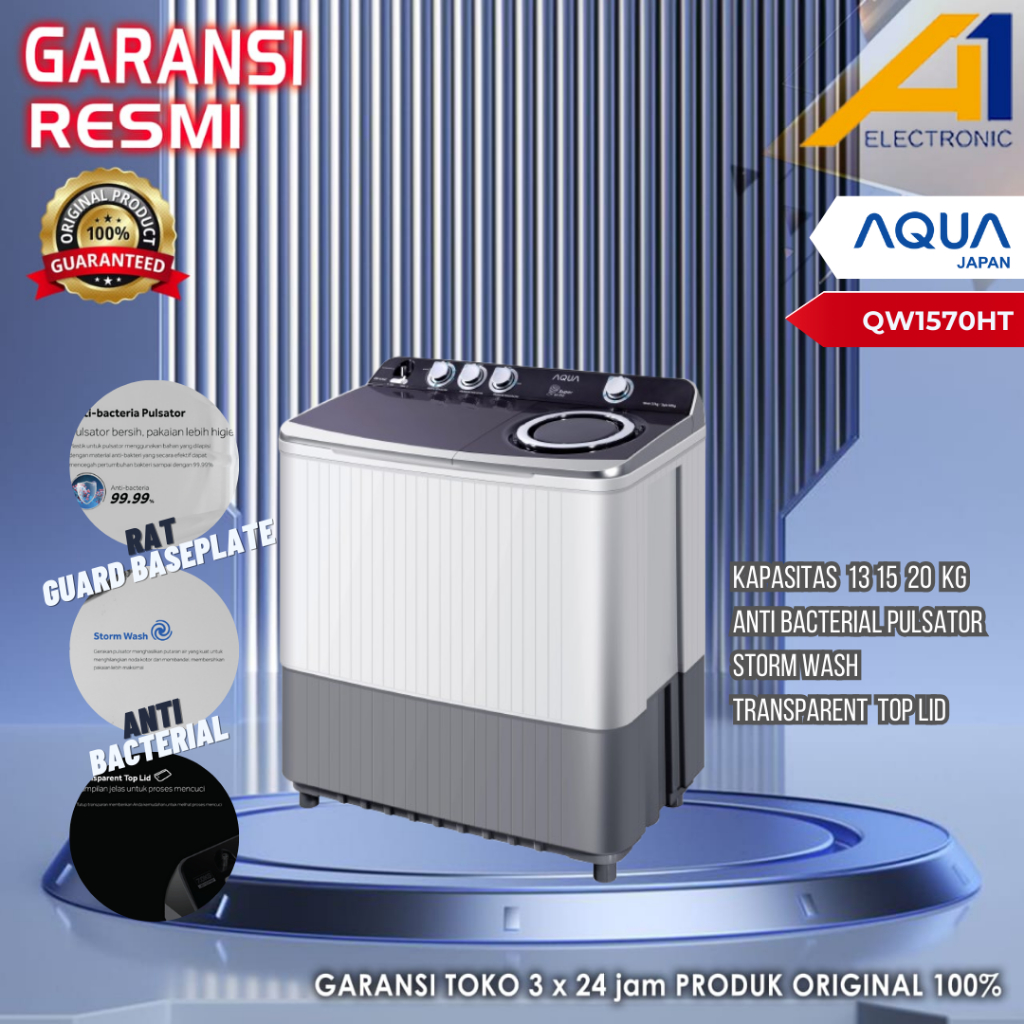 MESIN CUCI AQUA QW1570HT / QW 1570 HT 15 KG TWIN TUB 100% GARANSI RESMI