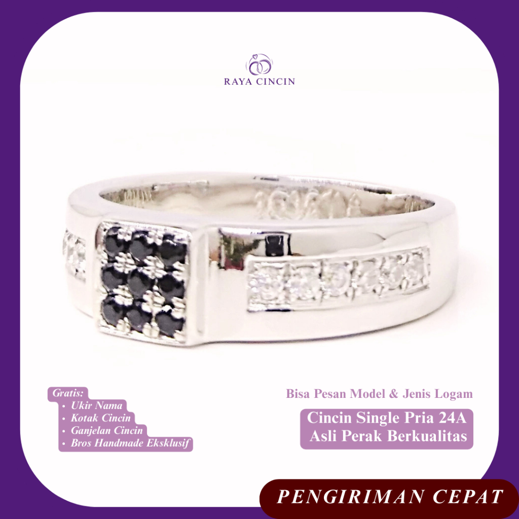 RAYA Cincin Single Pria 24A Gratis Ukir Nama Asli Perak Berkualitas