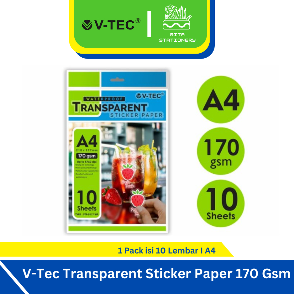 

Kertas Stiker Bening Photo V-TEC Sticker Transparant Paper A4 170 GSM STP-9117WP