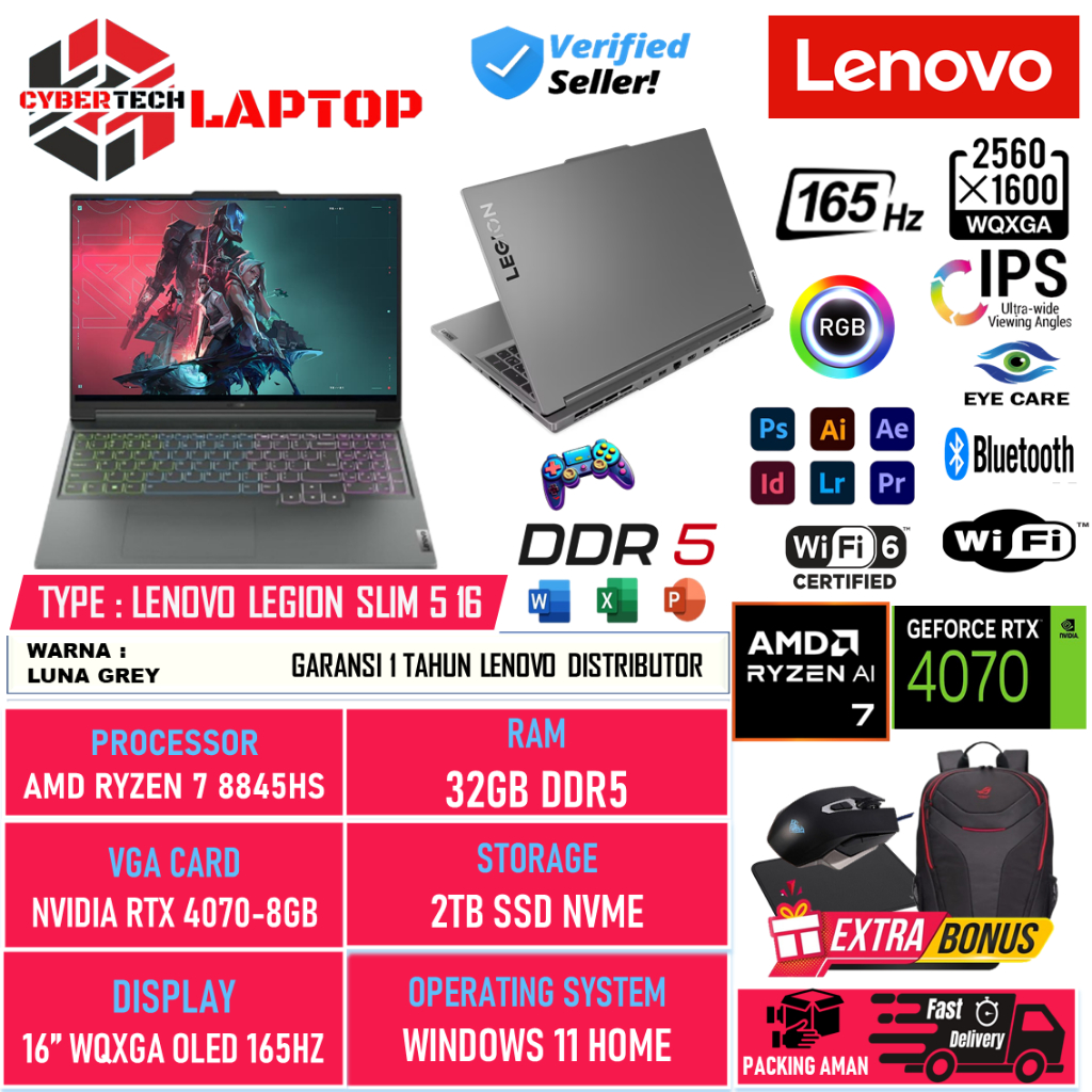 PROMO LAPTOP GAMING Lenovo Legion Slim 5 16 Amd Ryzen 7 8845HS 64GB DDR5 2TB RTX4070-8GB 16 Inch WQX