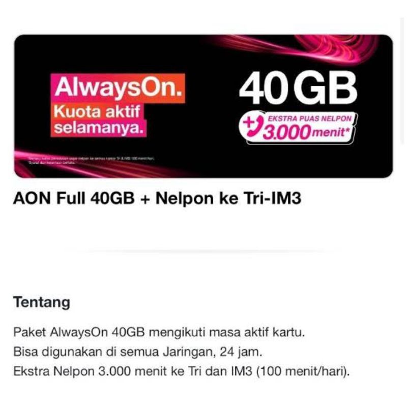 Kuota TRI AON 40GB + Bonus Lokal 12GB