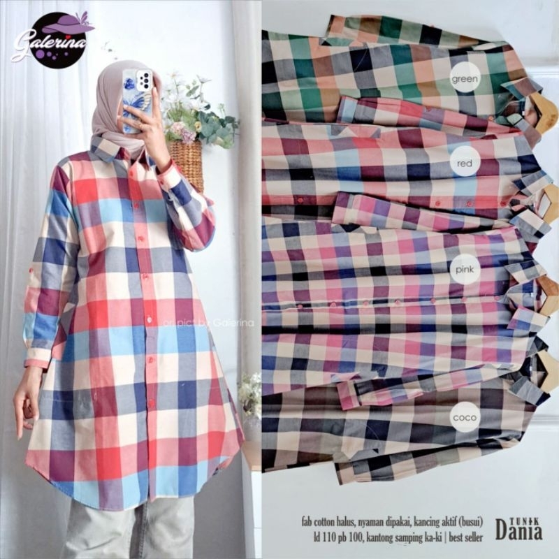 Tunik Kotak Dania | Tunik Casual Cotton Busui Friendly | Tunik Wanita Lengan Panjang Kantong Samping