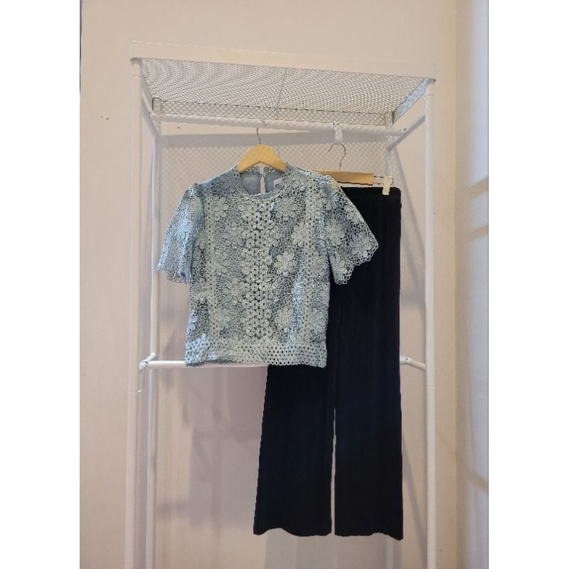 Korean Style set blouse katbol brokat Red Green Celana Kulot plisket Natal Christmas Imlek  Bangkok 