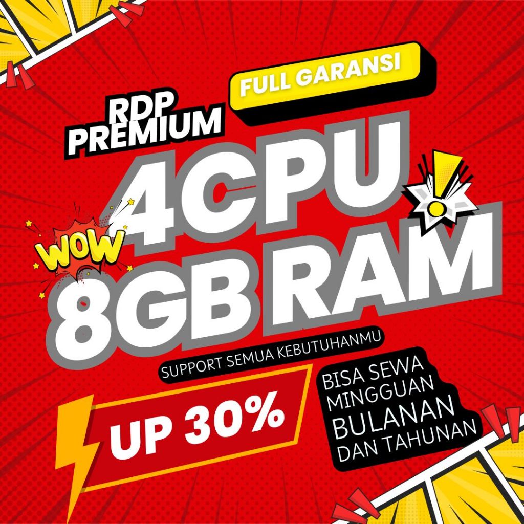 Rdp Bulanan Premium 4Cpu 8Gbram Vps Full Garansi Proses Cepat Tbk