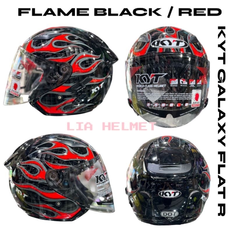 Helm Half Face KYT Galaxy Flat R Double Visor Motif Flame Black / Red Original / KYT Galaxy Flat R D