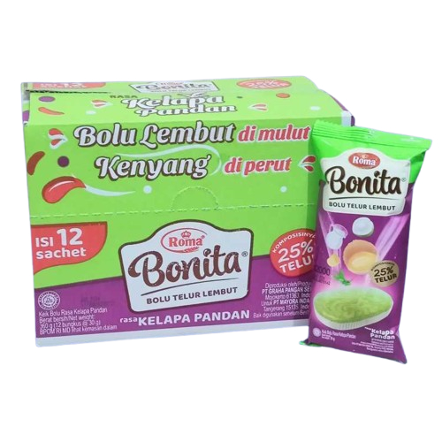 

Roma Bonita Bolu Telur Lembut Kelapa Pandan [ 12pcs x 30gr ]