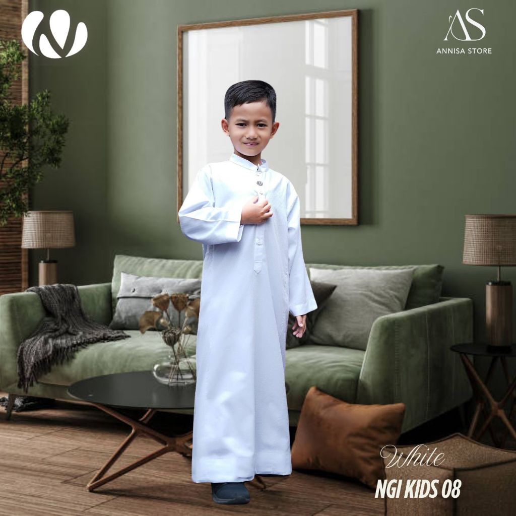 Gamis Jubah Anak Laki-Laki Polos Lengan Panjang Usia 6-10 Tahun Nibras NGI KIDS 08 WHITE