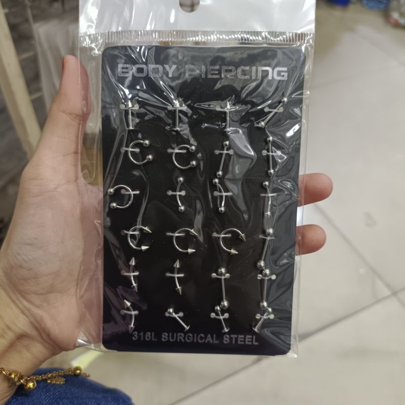 Anting body piercing unisex silver isi 24 pcs