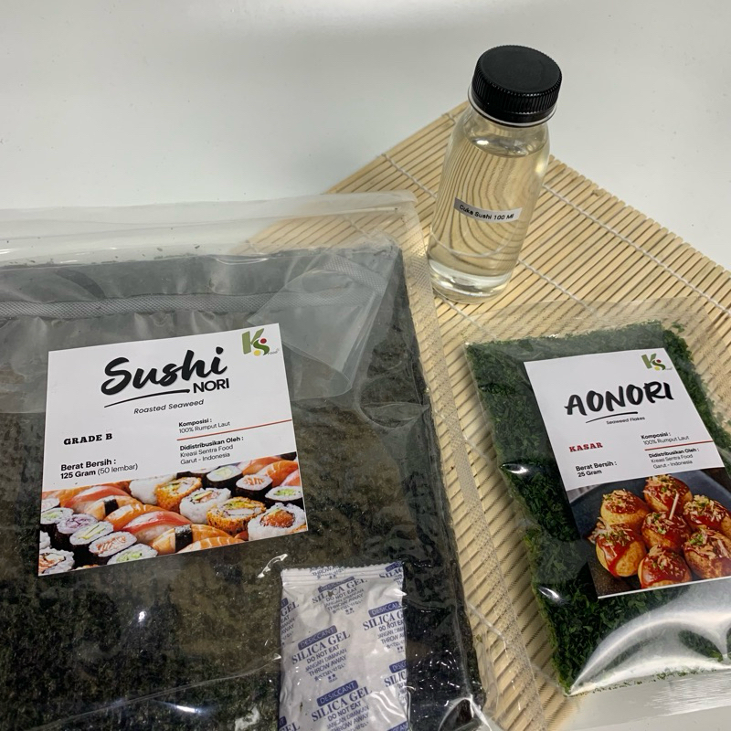 

Paket Nori Sushi Premium 50 lembar Aonori 25 gram Cuka sushi 100ml