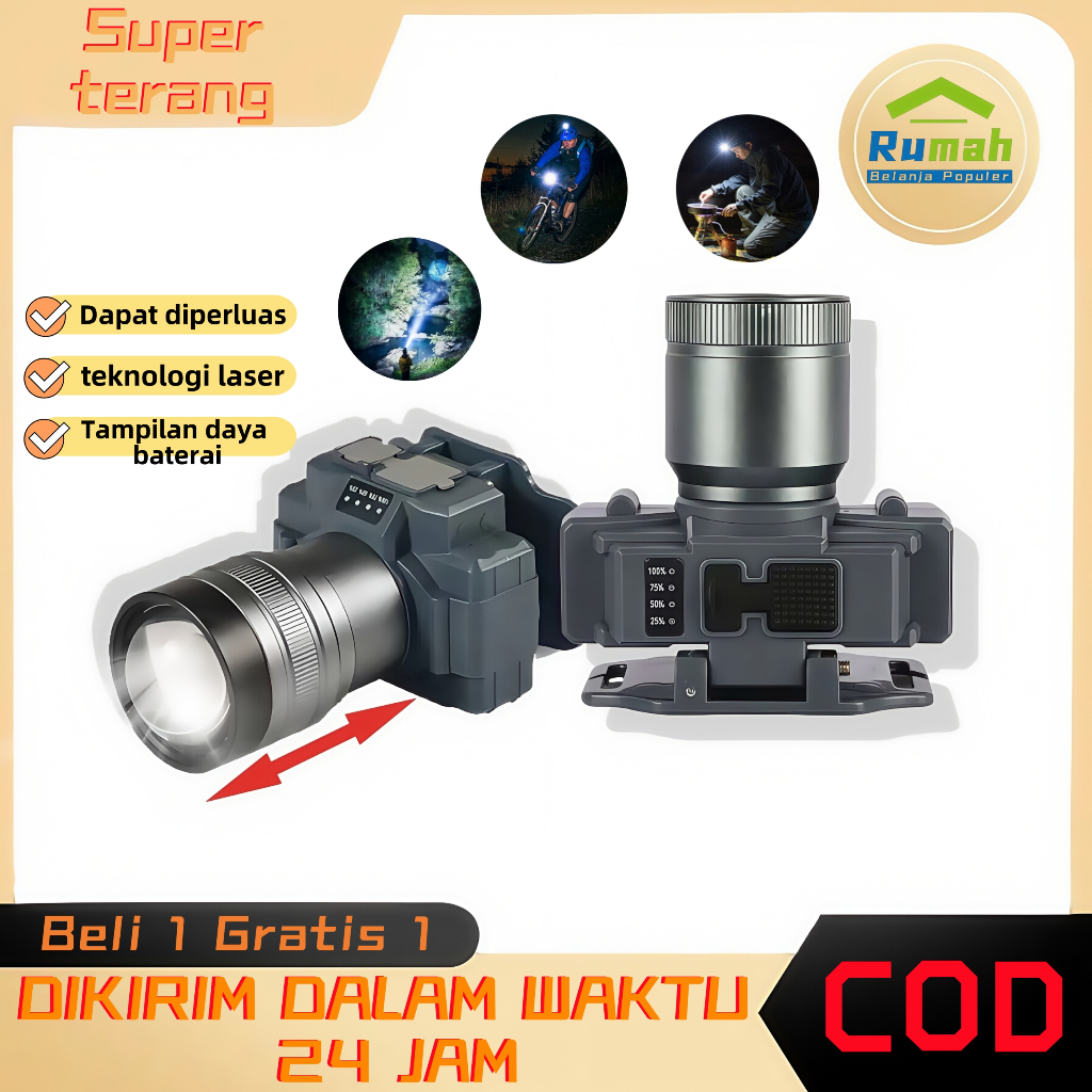 Senter Kepala Zoom Super Terang LED 65W Laser Jarak Jauh / Senter Kepala Super Terang /1000W Lampu k