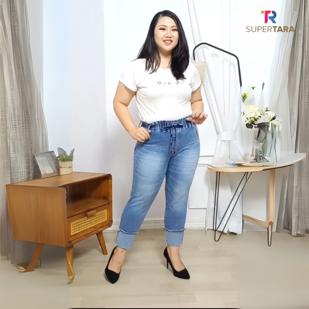 supertara celana Jeans 7/9 wanita pinggang karet jumbo.ukuran 32-35