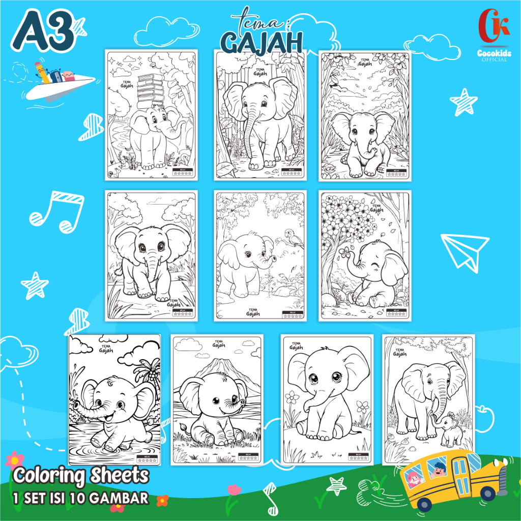 

(GAJAH 01) KERTAS MEWARNAI ANAK A3 - COLORING SHEETS SERIES 1 - LEMBAR MEWARNAI ANAK PAUD/TK/SD