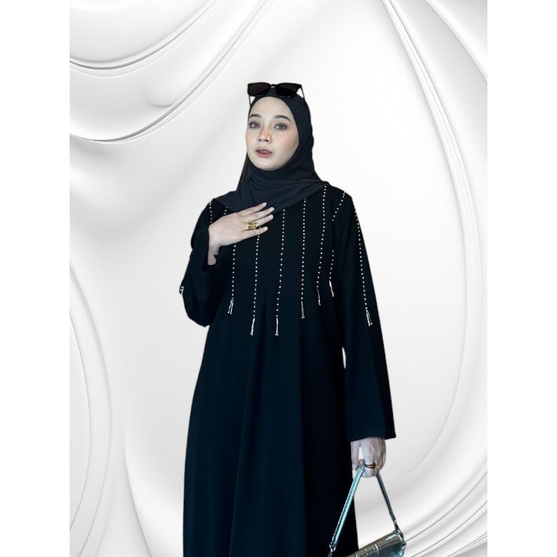 ABAYA ELISA JETBLACK MUTIARA RUMBAI DADA BUSUI DEWASA MUSLIM ARAB WANITA GAMIS MAXI HITAM DRESS - BA