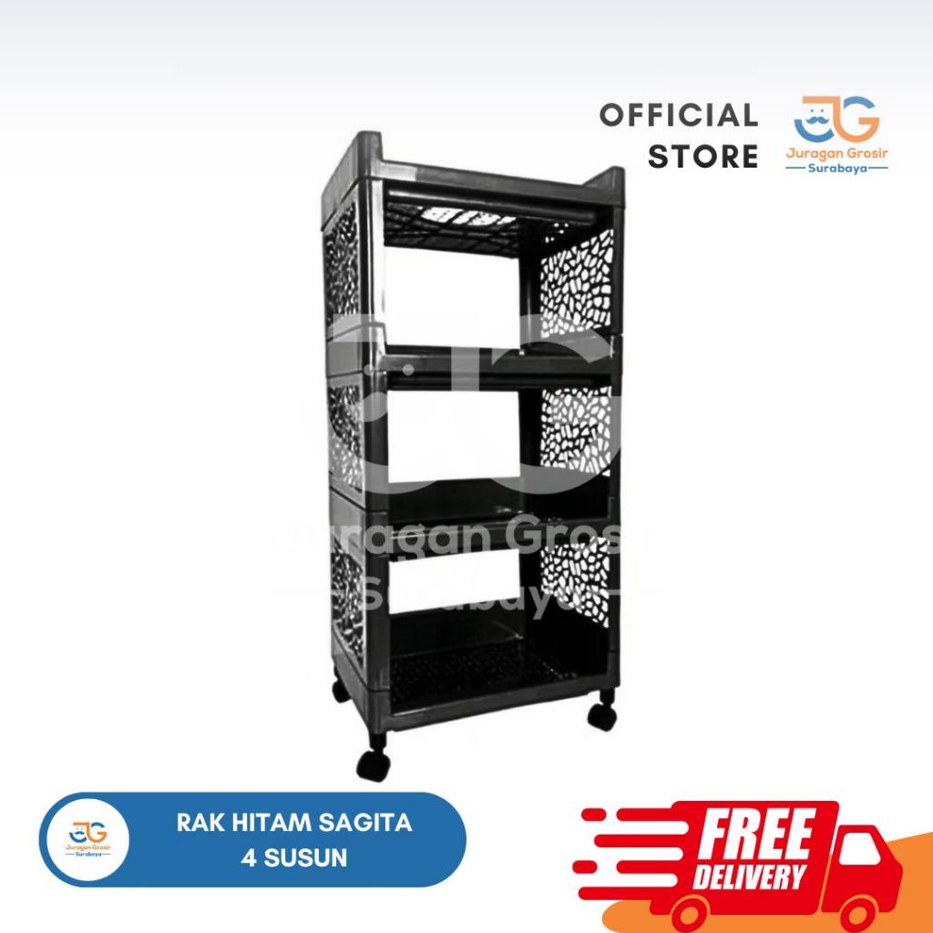 (JGS) RAK MULTIFUNGSI 4 SUSUN HITAM + RODA / RAK YEYE SERBAGUNA 4 SUSUN