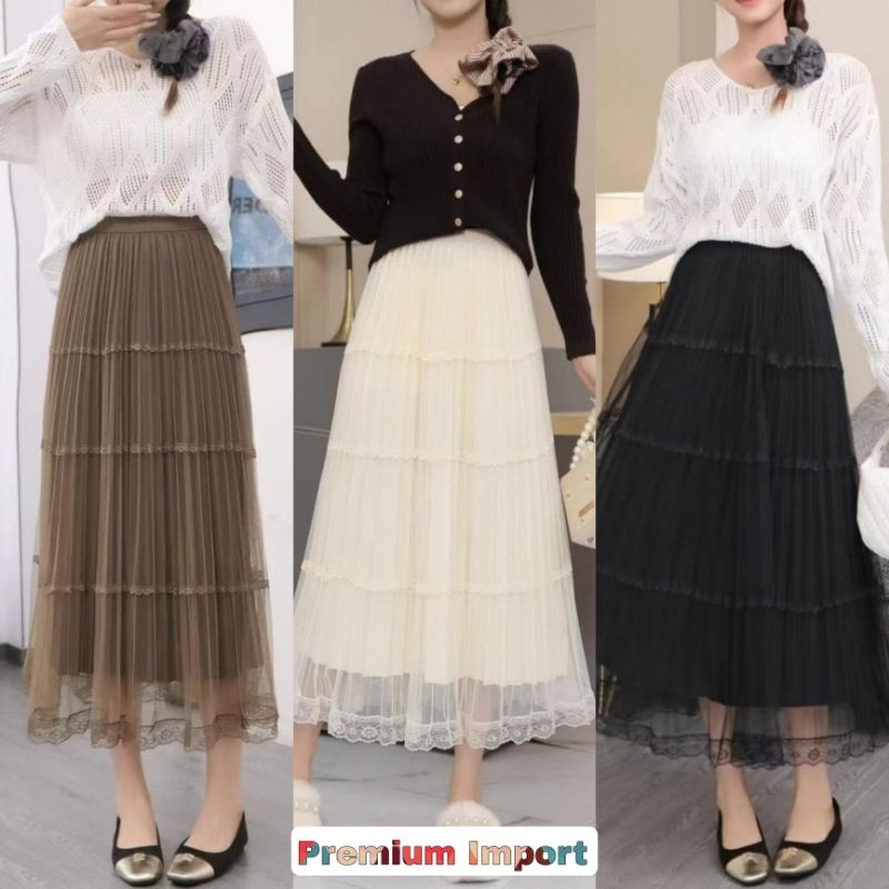 ‼️ READY ¤ BEST SELLER ‼️ SHELICIOUSROOM PREMIUM IMPORT ¤ HANNA LAYER TUTU TULLE FLARE LACE MIDI SKI